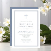 Elegant Dusty Blue Cross Boy Erste Heilige Kommuni Einladung