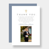 Elegant Dusty Blue Cross Boy Erste Kommune Dankeskarte