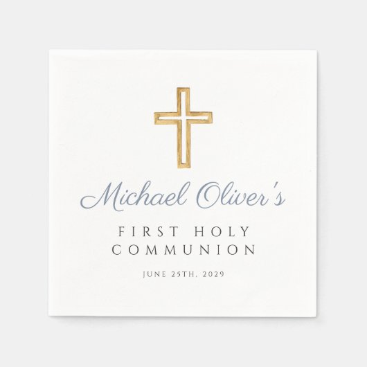 Elegant Dusty Blue Cross Boy Erste Kommune Serviette (Vorderseite)