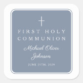 Elegant Dusty Blue Cross Boy First Communion  Quadratischer Aufkleber (Vorderseite)