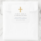 Elegant Dusty Blue Cross Boy First Communion  Quadratischer Aufkleber (Tasche)