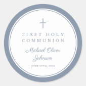 Elegant Dusty Blue Cross Boy First Communion  Runder Aufkleber (Vorderseite)