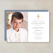 Elegant Dusty Blue Cross Foto Boy First Communion Einladung