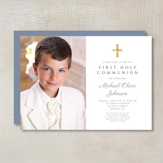 Elegant Dusty Blue Cross Foto Boy First Communion Einladung