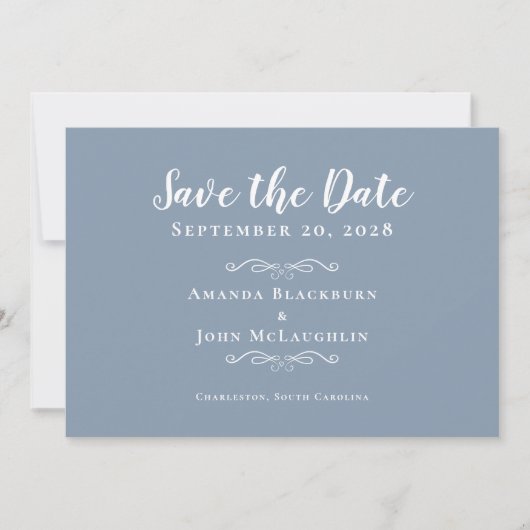 Elegant Dusty Blue Delicate Romantische Kalligraph Save The Date (Vorderseite)