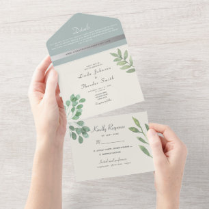 Elegant Dusty Blue Eukalyptus Greenerity Wedding All In One Einladung