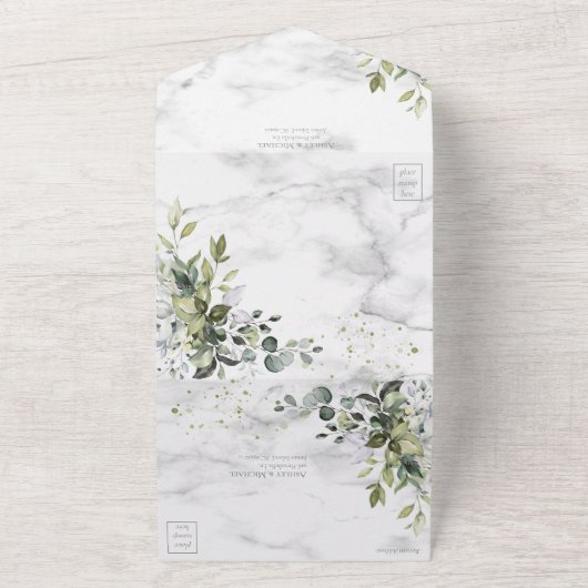 Elegant Dusty Blue Eukalyptus Greenery Marble All In One Einladung (Außenbereich)