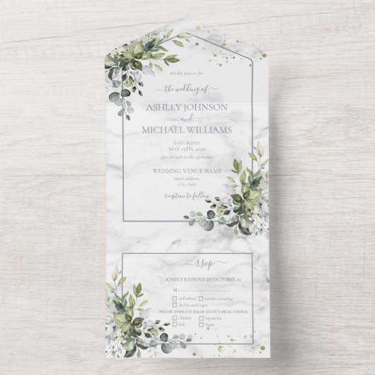 Elegant Dusty Blue Eukalyptus Greenery Marble All In One Einladung (Innen Boden)