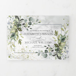 Elegant Dusty Blue Eukalyptus Greenery Marble Dreifach Gefaltete Einladung