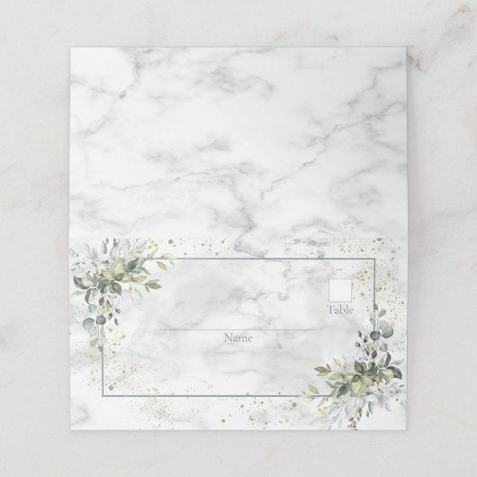 Elegant Dusty Blue Eukalyptus Greenery Marble Platzkarte (Außenseite Aufgefaltet)