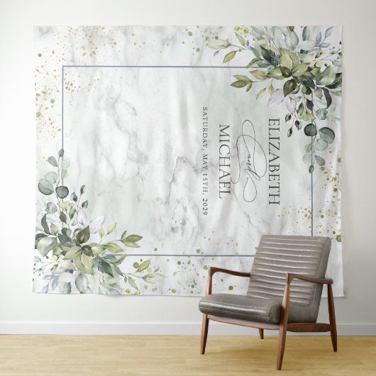 Elegant Dusty Blue Eukalyptus Greenery Marble Wandteppich (Beispiel (Horizontal))