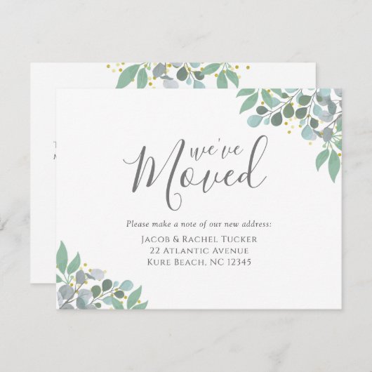 Elegant Dusty Blue Eukalyptus Moving Ankündigung (Vorne/Hinten)