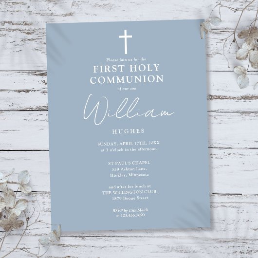 Elegant Dusty Blue First Holy Communion Einladung Postkarte