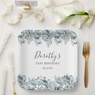 Elegant Dusty Blue Floral 21. Geburtstag Custom Pappteller