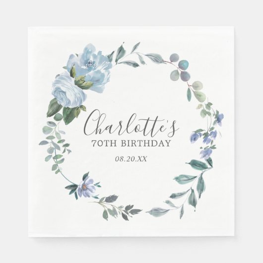 Elegant Dusty Blue Floral 70. Geburtstag Custom Serviette (Vorderseite)