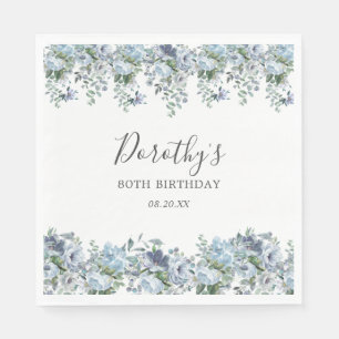 Elegant Dusty Blue Floral 80. Geburtstag Custom Serviette