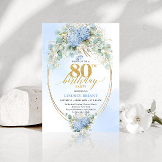 Elegant Dusty Blue Floral 80th Birthday Invitation Einladung