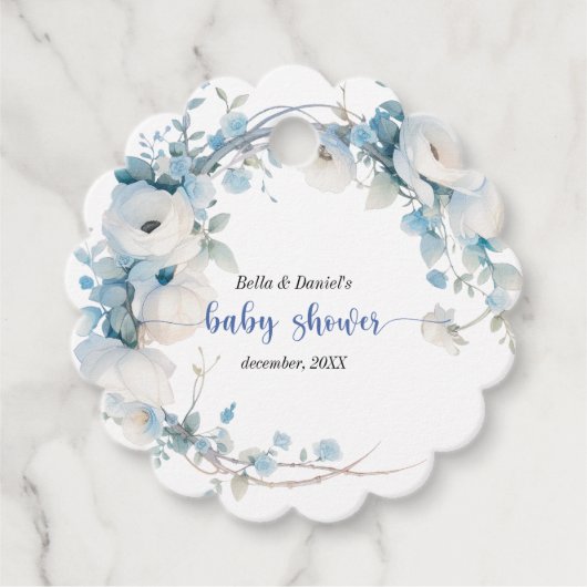 Elegant Dusty Blue Floral Baby Shower Geschenkanhänger (Vorderseite)