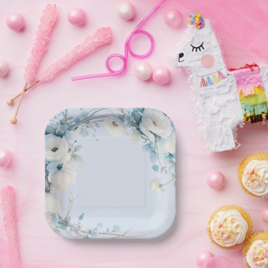 Elegant Dusty Blue Floral Baby Shower Pappteller (Party)