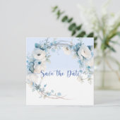 Elegant Dusty Blue Floral Baby Shower Save The Date (Stehend Vorderseite)
