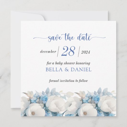 Elegant Dusty Blue Floral Baby Shower Save The Date (Rückseite)