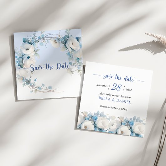 Elegant Dusty Blue Floral Baby Shower Save The Date