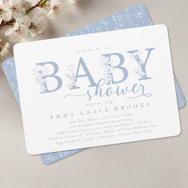 Elegant Dusty Blue Floral Baby Shower Typography Einladung