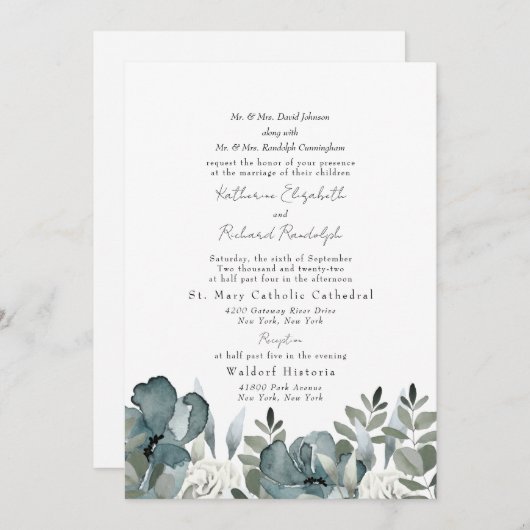 Elegant Dusty Blue Floral Beide Eltern Hochzeit Einladung (Vorne/Hinten)