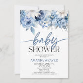 Elegant Dusty Blue Floral Blume Babydusche Einladung (Vorderseite)
