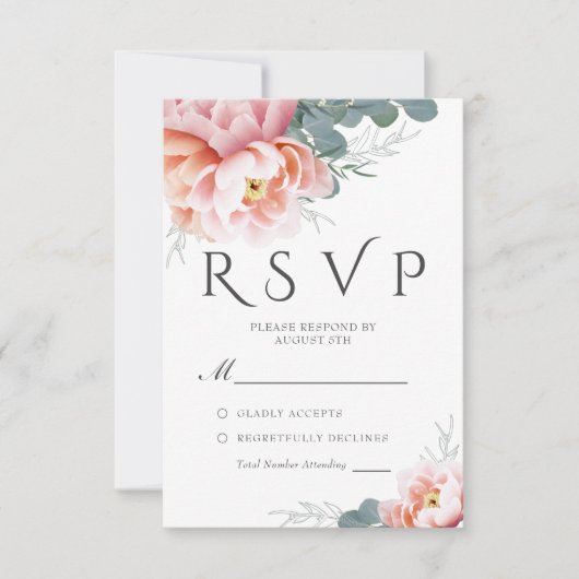 Elegant Dusty Blue Floral Blush Wedding RSVP Karte (Vorderseite)
