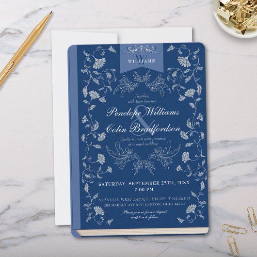 Elegant Dusty Blue Floral Book Cover Wedding Einladung