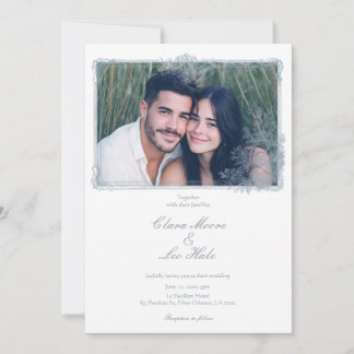 Elegant Dusty Blue Floral Border Wedding Photo Einladung