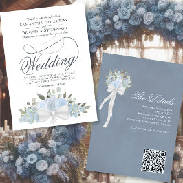 Elegant Dusty Blue Floral Bouquet QR Code Wedding Einladung