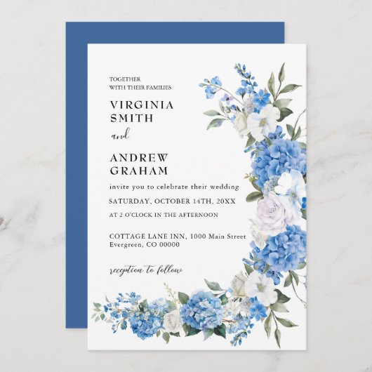 Elegant Dusty Blue Floral Bow Wedding Einladung (Vorne/Hinten)