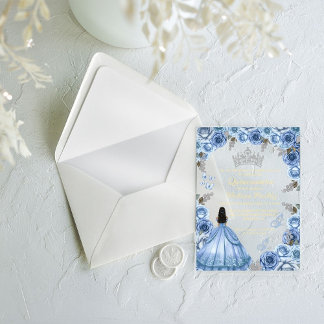 Elegant Dusty Blue Floral Butterfly Quinceanera Acryleinladungen