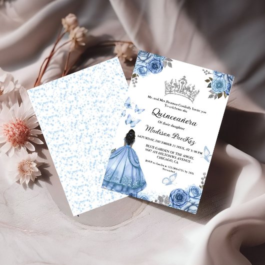 Elegant Dusty Blue Floral Butterfly Quinceanera Einladung