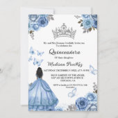 Elegant Dusty Blue Floral Butterfly Quinceanera Einladung (Vorderseite)