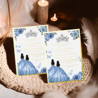 Elegant Dusty Blue Floral Butterfly Quinceanera Folieneinladung
