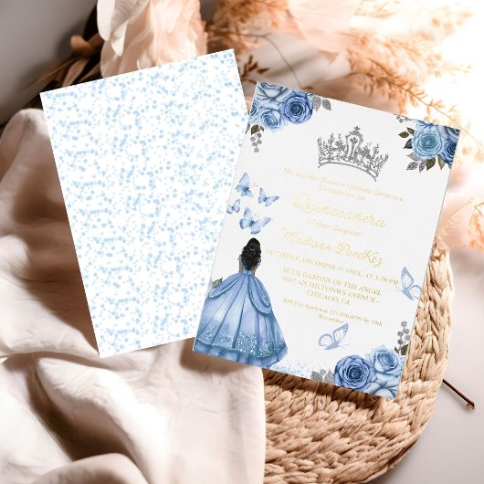 Elegant Dusty Blue Floral Butterfly Quinceanera Folieneinladung