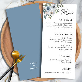 Elegant Dusty Blue Floral Calligraphy Wedding Menükarte