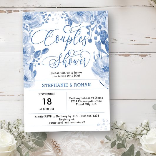 Elegant Dusty Blue Floral Couples Dusche Einladung