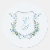 Elegant Dusty Blue Floral Crest Wedding Runder Aufkleber (Vorderseite)
