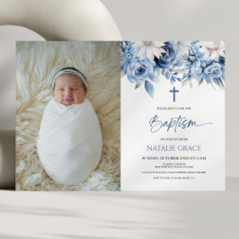 Elegant Dusty Blue Floral Custom Picture Baptisse Einladung