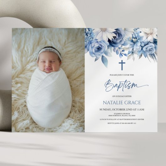 Elegant Dusty Blue Floral Custom Picture Baptisse Einladung