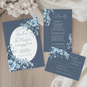 Elegant Dusty Blue Floral Details Wedding Begleitkarte