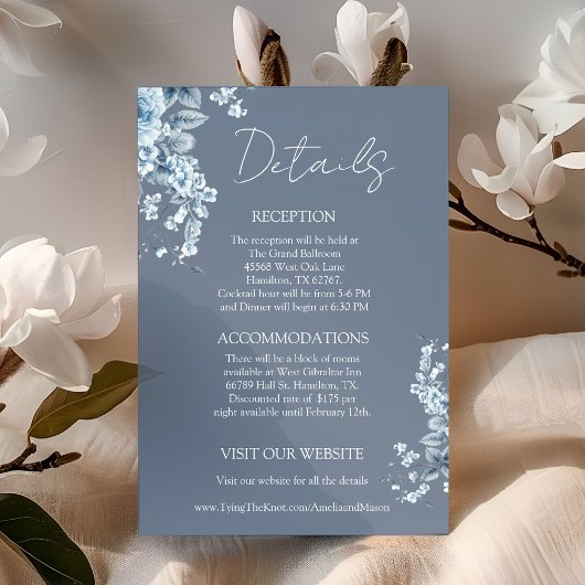 Elegant Dusty Blue Floral Details Wedding Begleitkarte