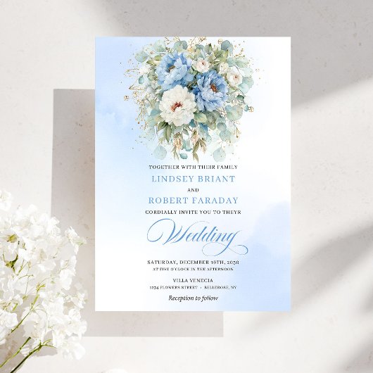 Elegant Dusty Blue Floral Digital Wedding Invite Einladung