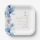 Elegant Dusty Blue Floral First Holy Communion Pappteller (Vorderseite)