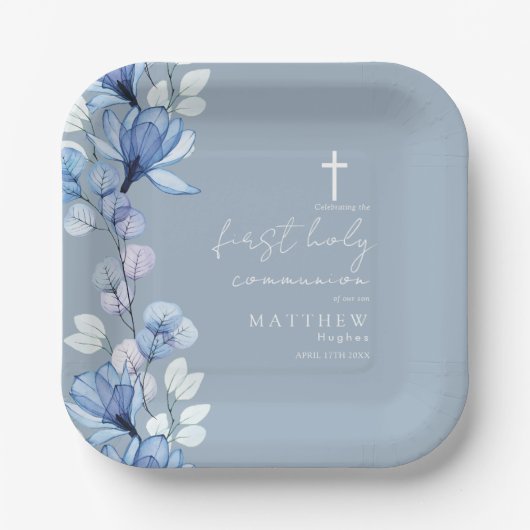 Elegant Dusty Blue Floral First Holy Communion Pappteller (Vorderseite)