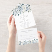 Elegant Dusty Blue Floral Foil Wedding All-in-One-Einladung (Abreißstreifen)